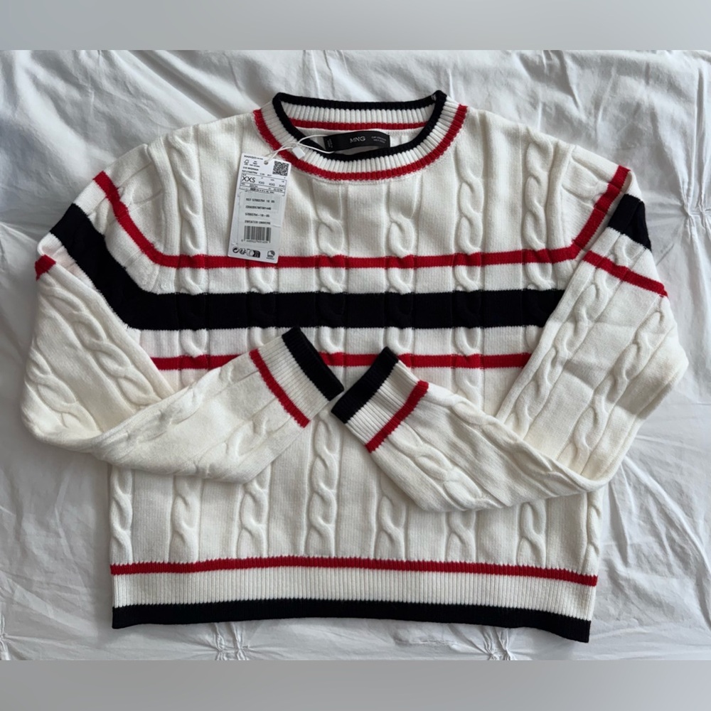 Mango Crew Neck Cable Knit Sweater Striped White Red Blue, XXS